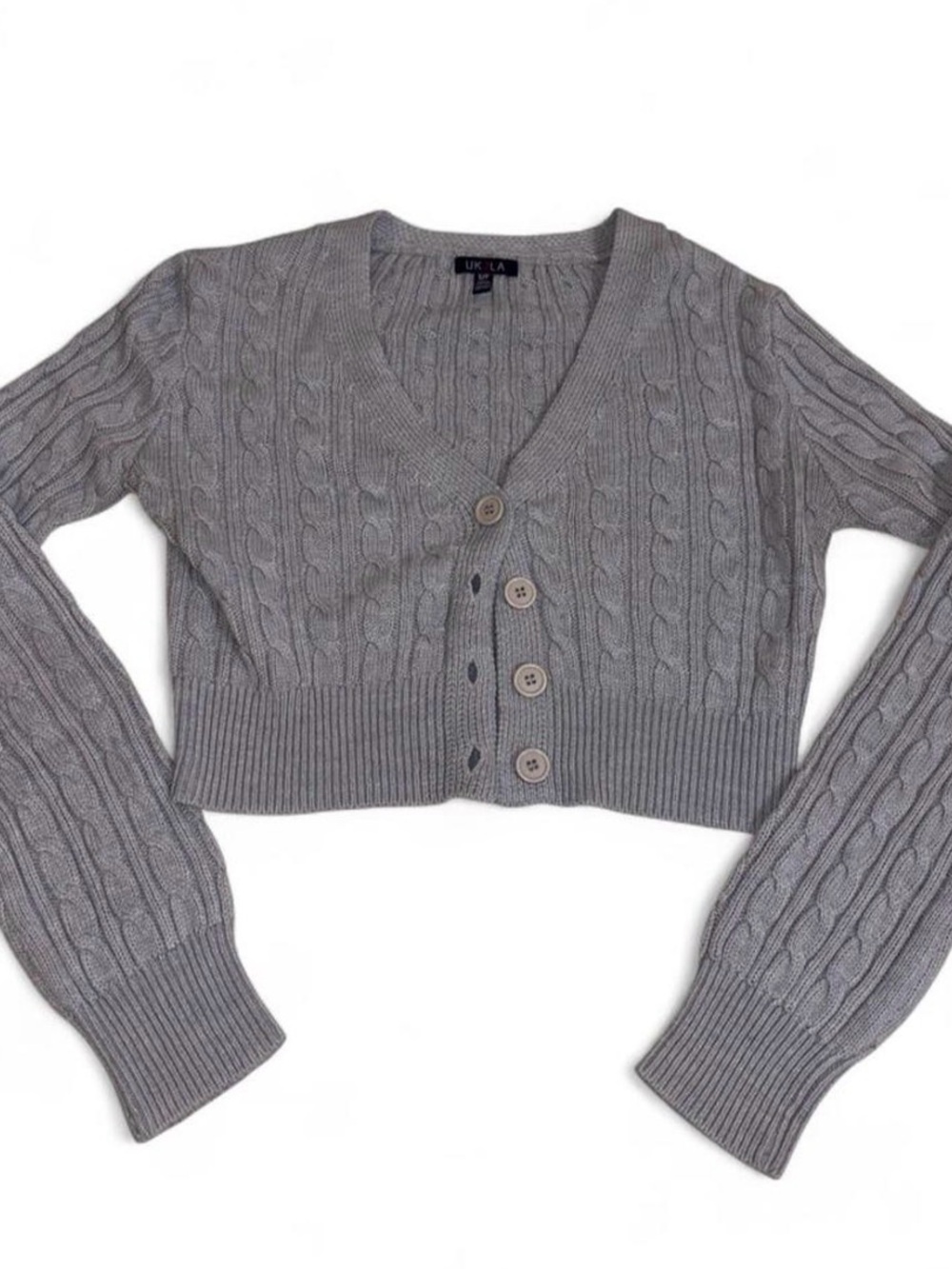 UK2LA Heather Grey Cable Knit Cropped Cardigan Sweater – Size Small